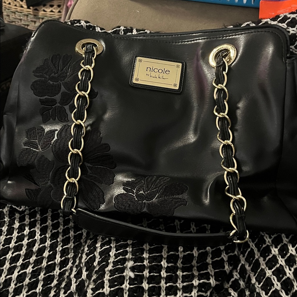 Nicole Miller Black Shoulder Bag with Gold Accents